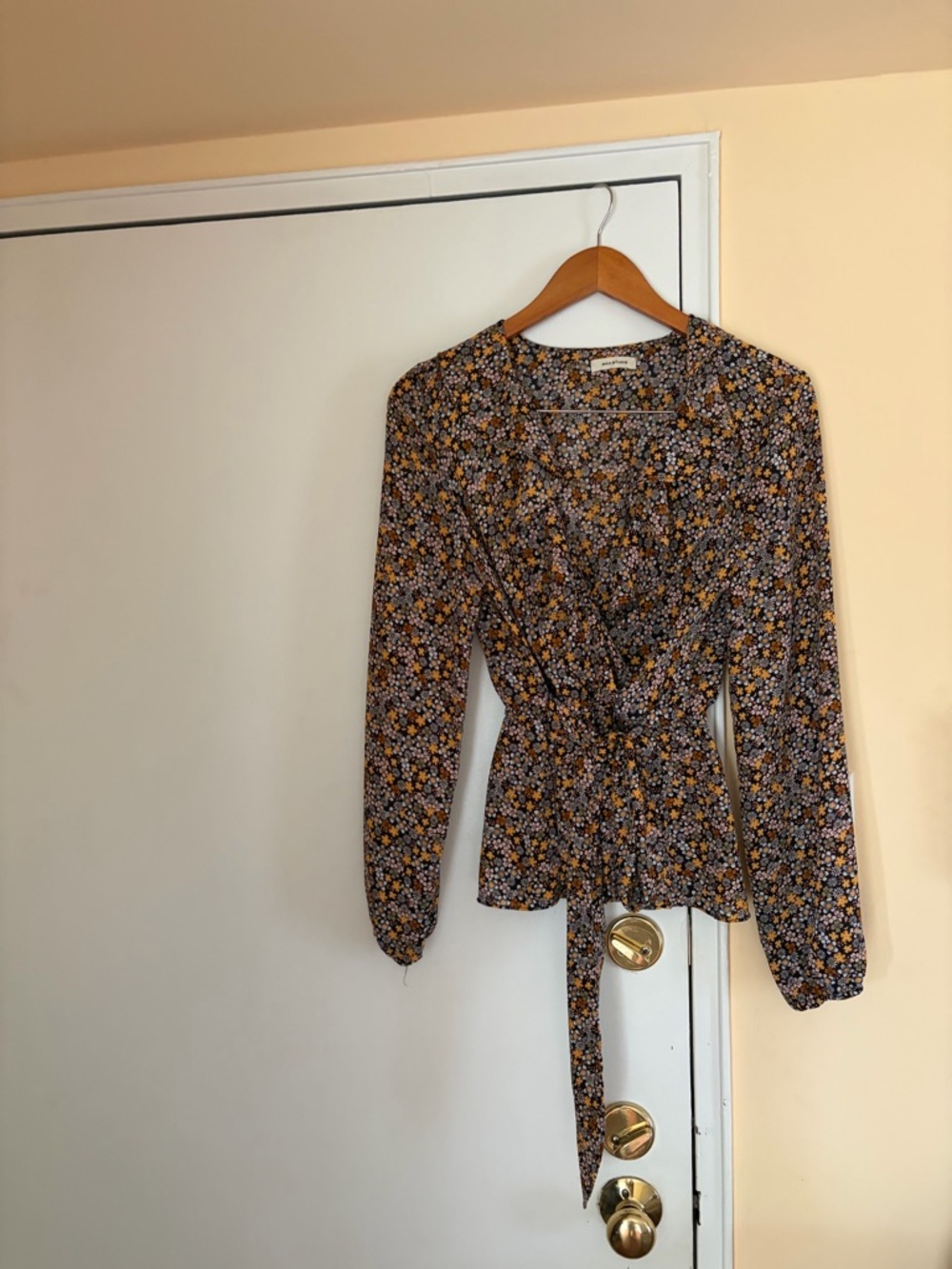 Max Studio Black Floral Wrap Blouse with Yellow & Cream Accents